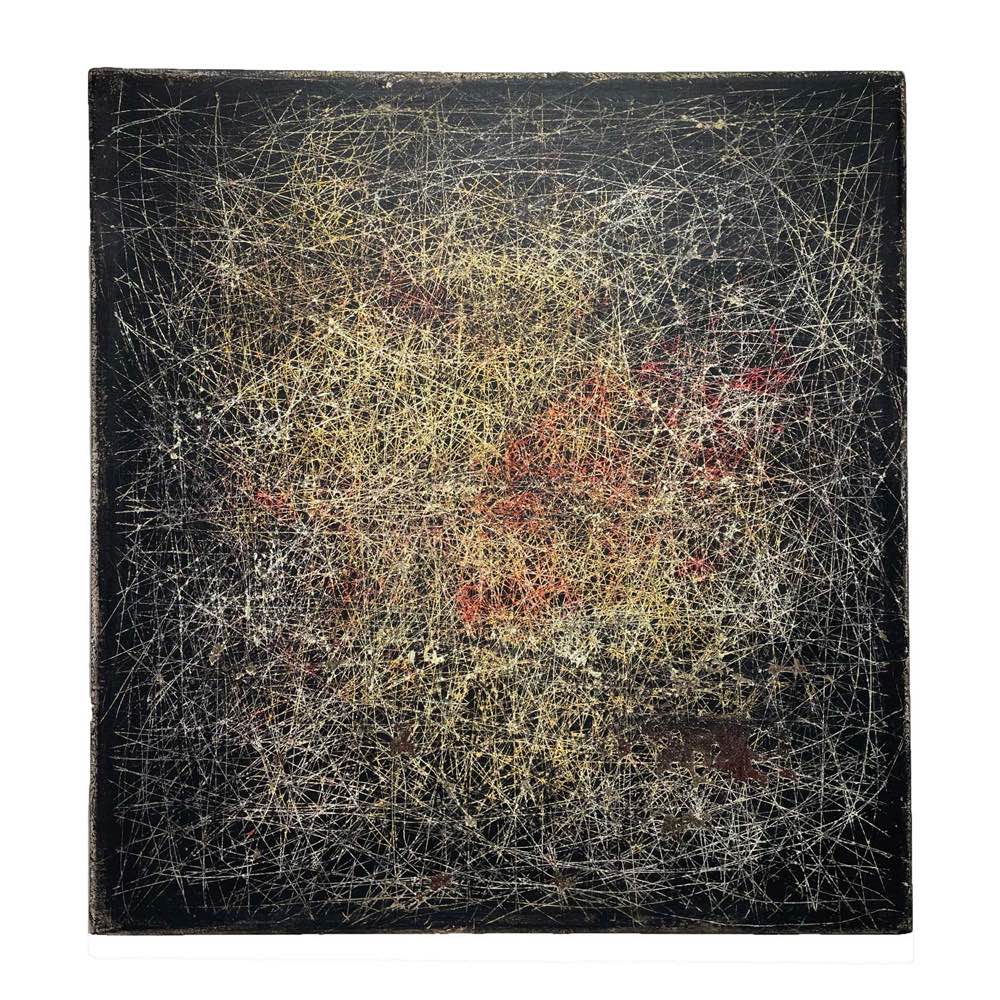 Abstract mixed media painting by Andrii Volkov featuring intricate golden thread patterns weaving through dark earth tones and textured layers