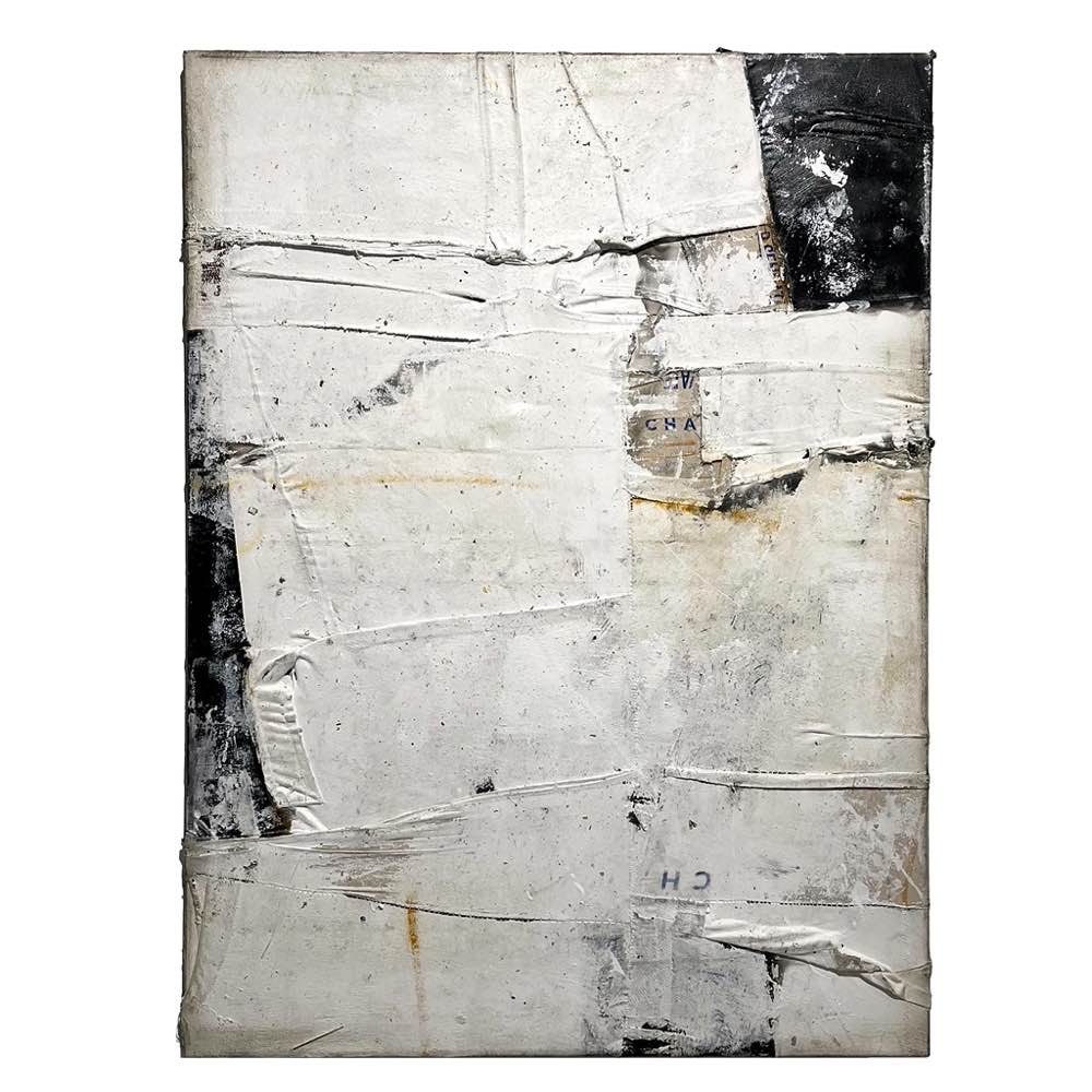 Minimalist contemporary artwork by Andrii Volkov using aged paper collage with natural stains and urban weathering textures on white canvas
